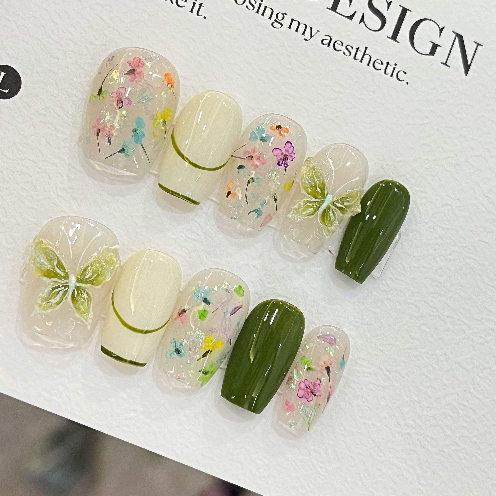 Nail Art Fake - 10pcs Butterfly Flower Fake Nails Medium