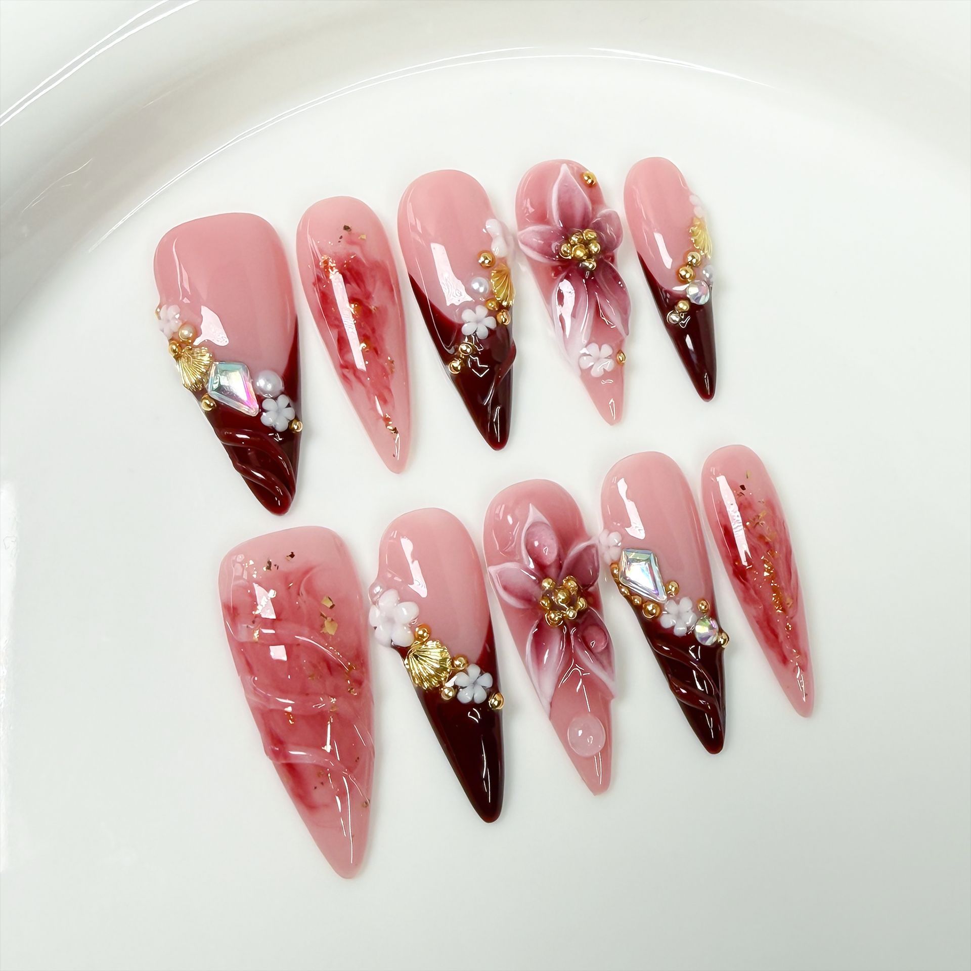 Nail Art Fake - 10Pcs Retro Long Stiletto Fake Nail